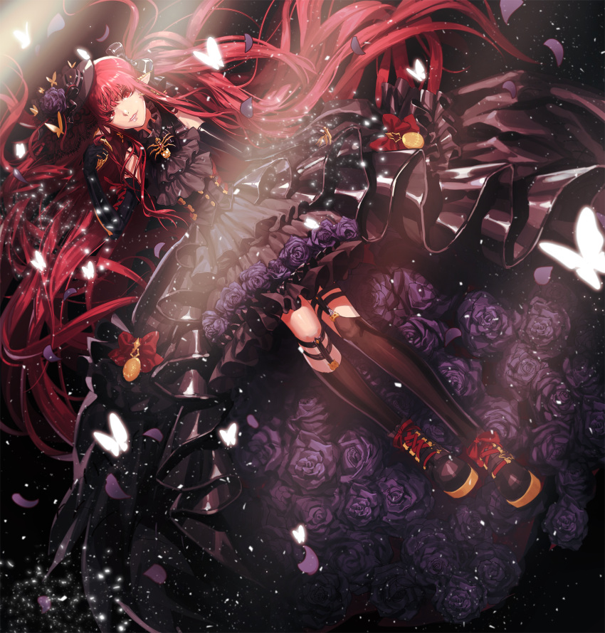 1girl, bare_shoulders, black_dress, black_gloves, black_hat, black_shoes, black_thighhighs, bug
