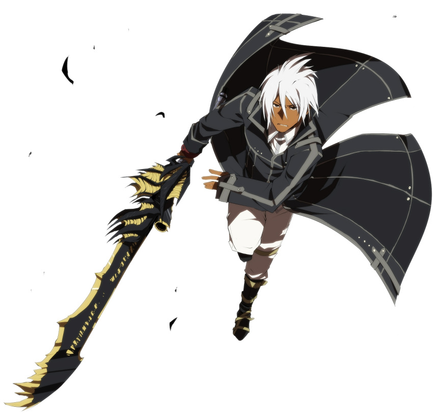 1boy, black_coat, boots, brown_boots, brown_pants, clenched_teeth, coat, dark-skinned_male
