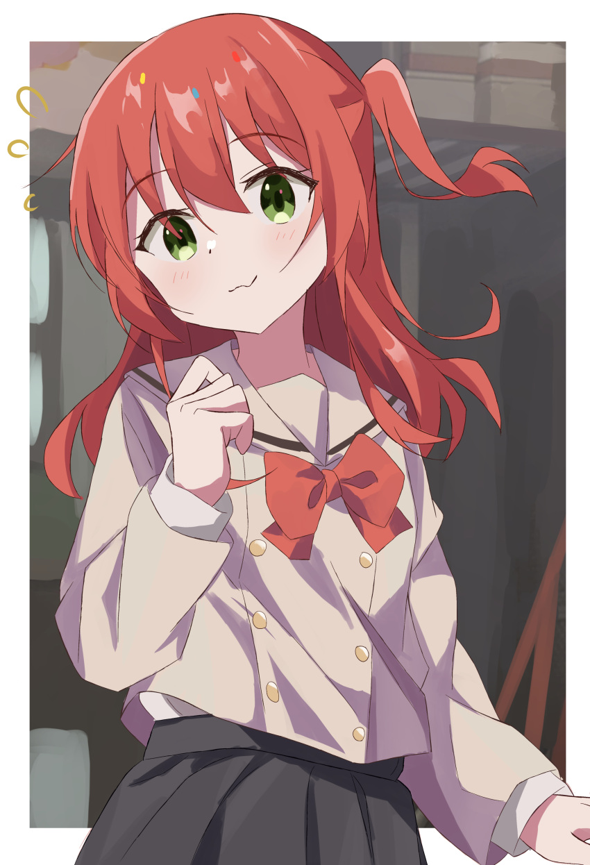 1girl, :3, absurdres, black_skirt, blush_stickers, bocchi_the_rock!, border, bow