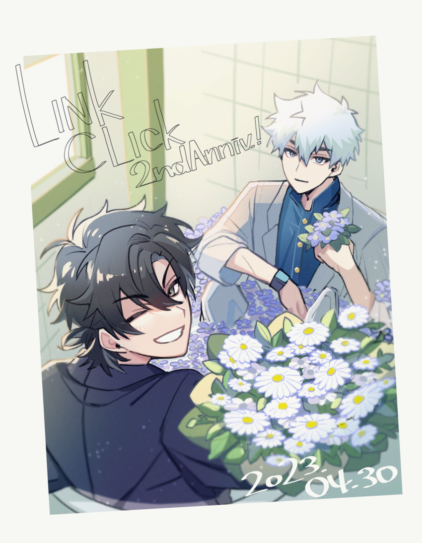 2101341bbb, 2boys, alternate_costume, black_hair, black_suit, blue_eyes, blue_shirt, border
