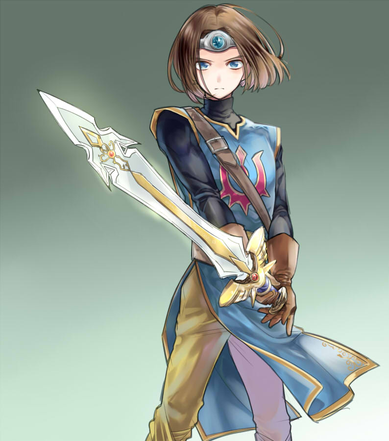 1boy, aqua_gemstone, belt, black_shirt, blue_eyes, blue_tabard, brown_belt, brown_gloves