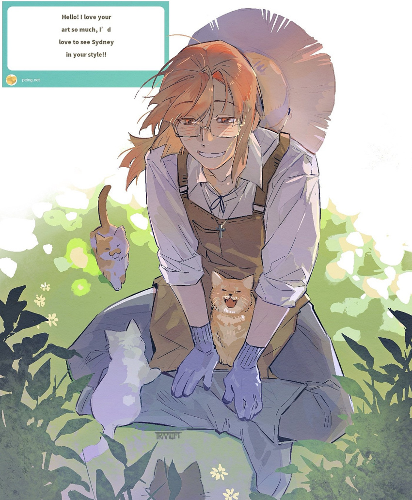 1boy, apron, boots, brown_apron, brown_eyes, brown_hair, cat, collared_shirt, cross, cross_necklace, degrees_of_lewdity, english_text, glasses, grey_boots, grey_pants, hanstrmoft, highres, jewelry, necklace, pants, rubber_boots, shirt, sitting, solo, sydney_(degrees_of_lewdity), sydney_(male)_(degrees_of_lewdity), white_shirt