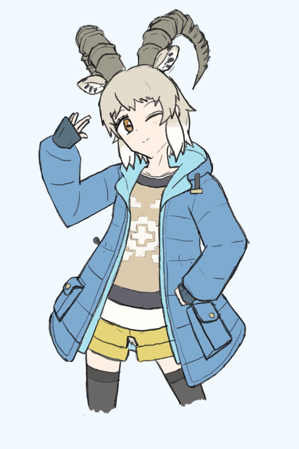 14112_otaku, 1girl, animal_ears, black_thighhighs, black_trim, blue_jacket, blush, brown_eyes, brown_sweater, collarbone, cowboy_shot, extra_ears, goat_ears, goat_girl, goat_horns, grey_hair, hair_between_eyes, highres, hood, hood_down, horns, jacket, kemono_friends, kemono_friends_3, nubian_ibex_(kemono_friends), official_alternate_costume, one_eye_closed, open_clothes, open_jacket, shirt, short_shorts, shorts, sidelocks, sleeves_past_wrists, smile, solo, sweater, thigh-highs, white_hair, white_shirt, yellow_shorts, zettai_ryouiki