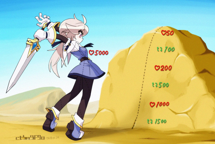 black_pantyhose, blue_dress, character_request, chikichikibanban, commentary, copyright_request, dated, dress