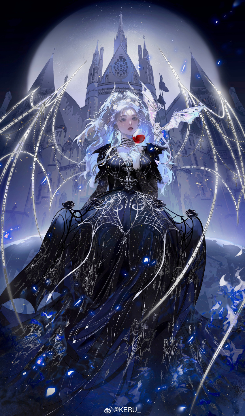1girl, absurdres, alcohol, arm_at_side, bat_wings, black_choker, black_dress, black_flower, black_rose, blue_eyes, blue_fire, castle, chinese_commentary, choker, crescent, crescent_facial_mark, cup, demon_horns, demon_wings, dress, drinking_glass, earrings, facial_mark, falling_petals, fire, flower, forehead_mark, full_body, full_moon, gargoyle, gown, hair_flower, hair_ornament, half_updo, hand_up, highres, holding, holding_cup, horns, jewelry, keru233, life_makeover, lips, long_hair, long_sleeves, mark_under_eye, mini_person, miniboy, mole, mole_under_eye, moon, night, parted_bangs, parted_lips, patterned_clothing, petals, print_dress, red_wine, rose, solo, teardrop_facial_mark, translucent_horns, transparent_wings, watermark, wavy_hair, weibo_watermark, white_flower, white_hair, white_horns, white_rose, white_wings, wine, wine_glass, wings