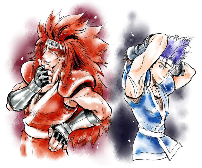2boys, arm_up, arms_up, blue_hair, bracer, earrings, fingerless_gloves, fuuma_kotarou_(world_heroes)