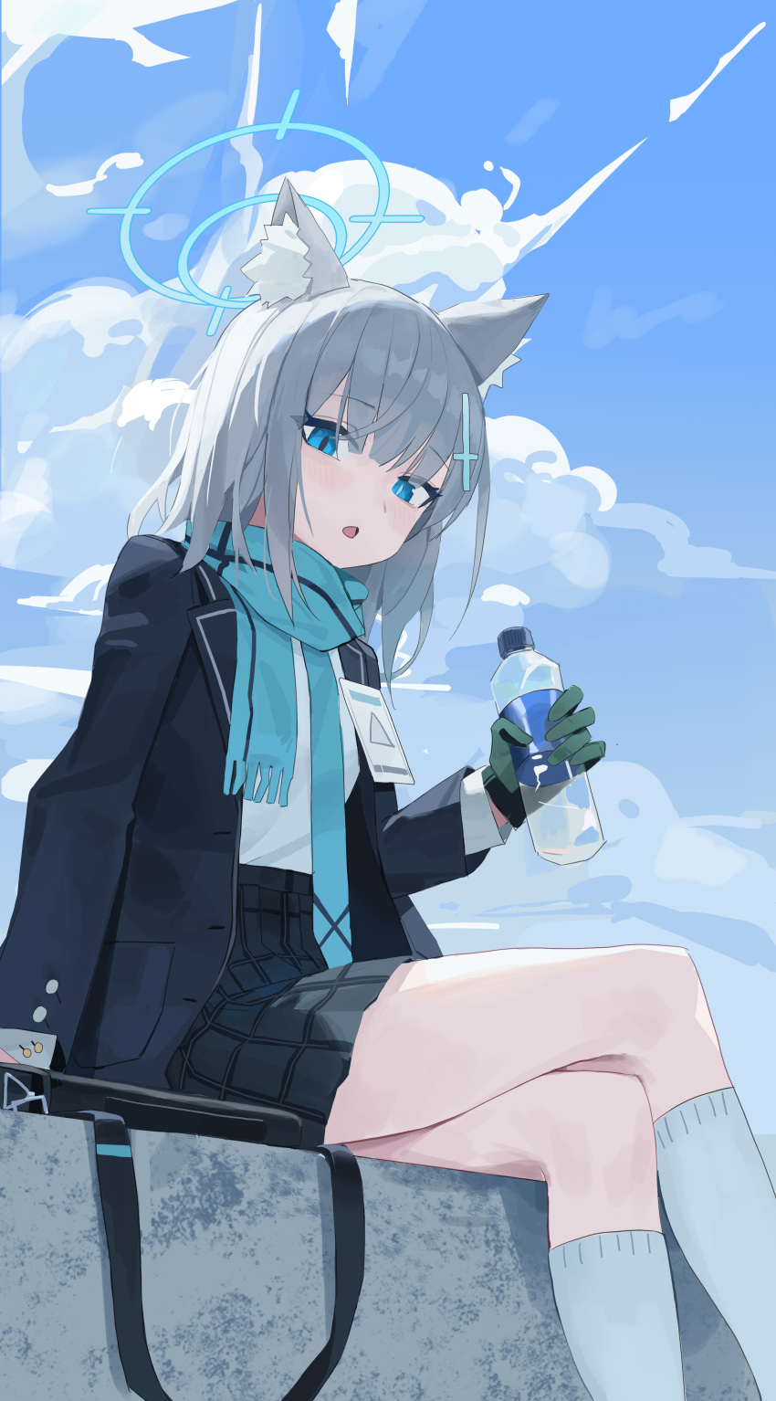 1girl, absurdres, animal_ear_fluff, animal_ears, arm_at_side, arm_support, bag, black_bag, black_coat, black_skirt, blazer, blue_archive, blue_eyes, blue_halo, blue_scarf, blue_sky, bottle, breasts, bright_pupils, buttoned_cuffs, buttons, chestnut_mouth, clouds, cloudy_sky, coat, cross, cross_hair_ornament, crossed_legs, day, fanshuimucishen, feet_out_of_frame, gloves, green_gloves, grey_hair, hair_ornament, halo, hand_up, high-waist_skirt, highres, holding, holding_bottle, id_card, inverted_cross, jacket, kneehighs, light_blush, long_sleeves, looking_at_viewer, looking_to_the_side, medium_hair, mismatched_pupils, open_clothes, open_coat, open_mouth, outdoors, plaid_clothes, plaid_skirt, pleated_skirt, pocket, scarf, school_uniform, shiroko_(blue_archive), shirt, shirt_tucked_in, single_glove, sitting, skirt, sky, small_breasts, socks, solo, unworn_bag, water_bottle, white_shirt, white_socks, wolf_ears