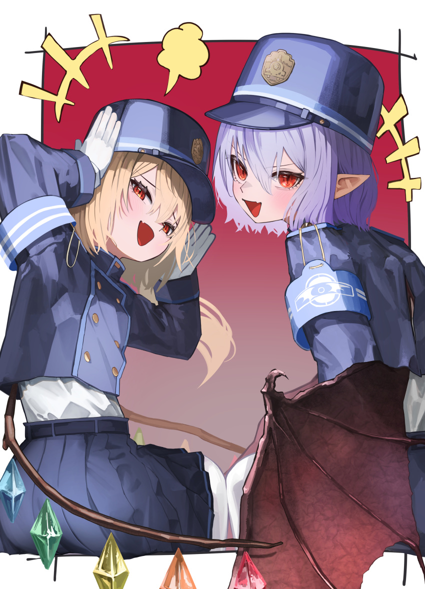 2girls, absurdres, armband, arms_up, bat_wings, belt, black_belt, blonde_hair