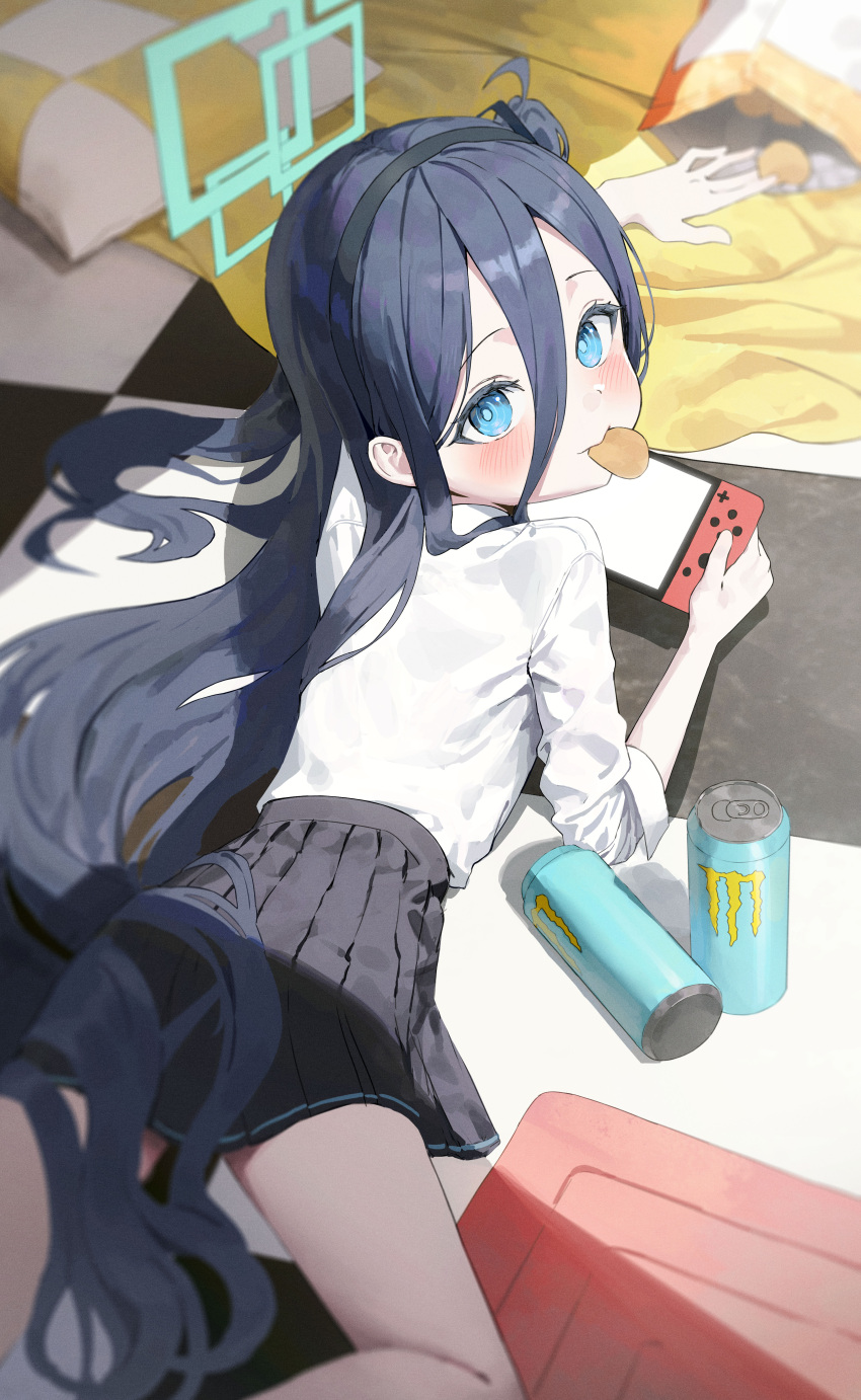 1girl, absurdres, aris_(blue_archive), black_hair, black_skirt, blue_archive, blue_eyes, blush
