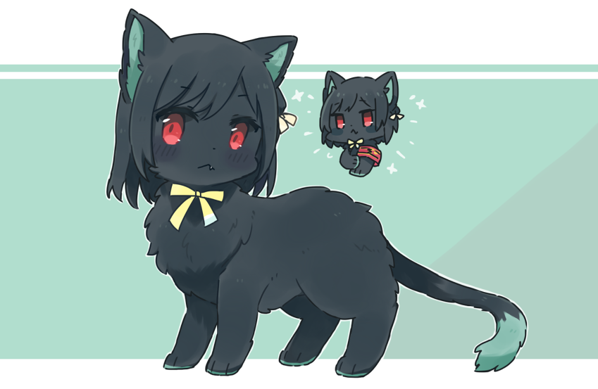 animal, animal_focus, animalization, black_fur, black_hair, cat, fang, full_body