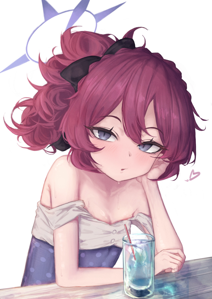 1girl, ahiru_(ahahahahiru), alternate_costume, black_ribbon, blue_archive, breasts, cup, double-parted_bangs