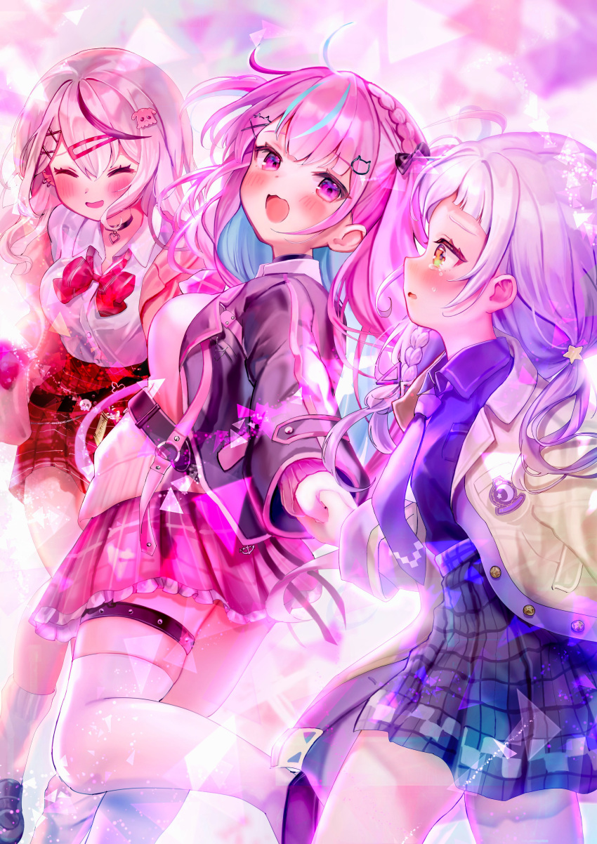 3girls, absurdres, aqua_hair, black_hair, blue_skirt, blush, braid, breasts, cardigan, colored_inner_hair, grey_hair, highres, hololive, jacket, long_hair, long_sleeves, minato_aqua, minato_aqua_(school_uniform), multicolored_hair, multiple_girls, murasaki_shion, murasaki_shion_(school_uniform), necktie, open_mouth, pink_cardigan, pink_eyes, pink_hair, pink_jacket, pink_skirt, purple_necktie, purple_shirt, rachip, sakamata_chloe, sakamata_chloe_(gyarumata), shirt, skirt, smile, streaked_hair, tears, thighs, two-tone_hair, virtual_youtuber, white_jacket, white_shirt