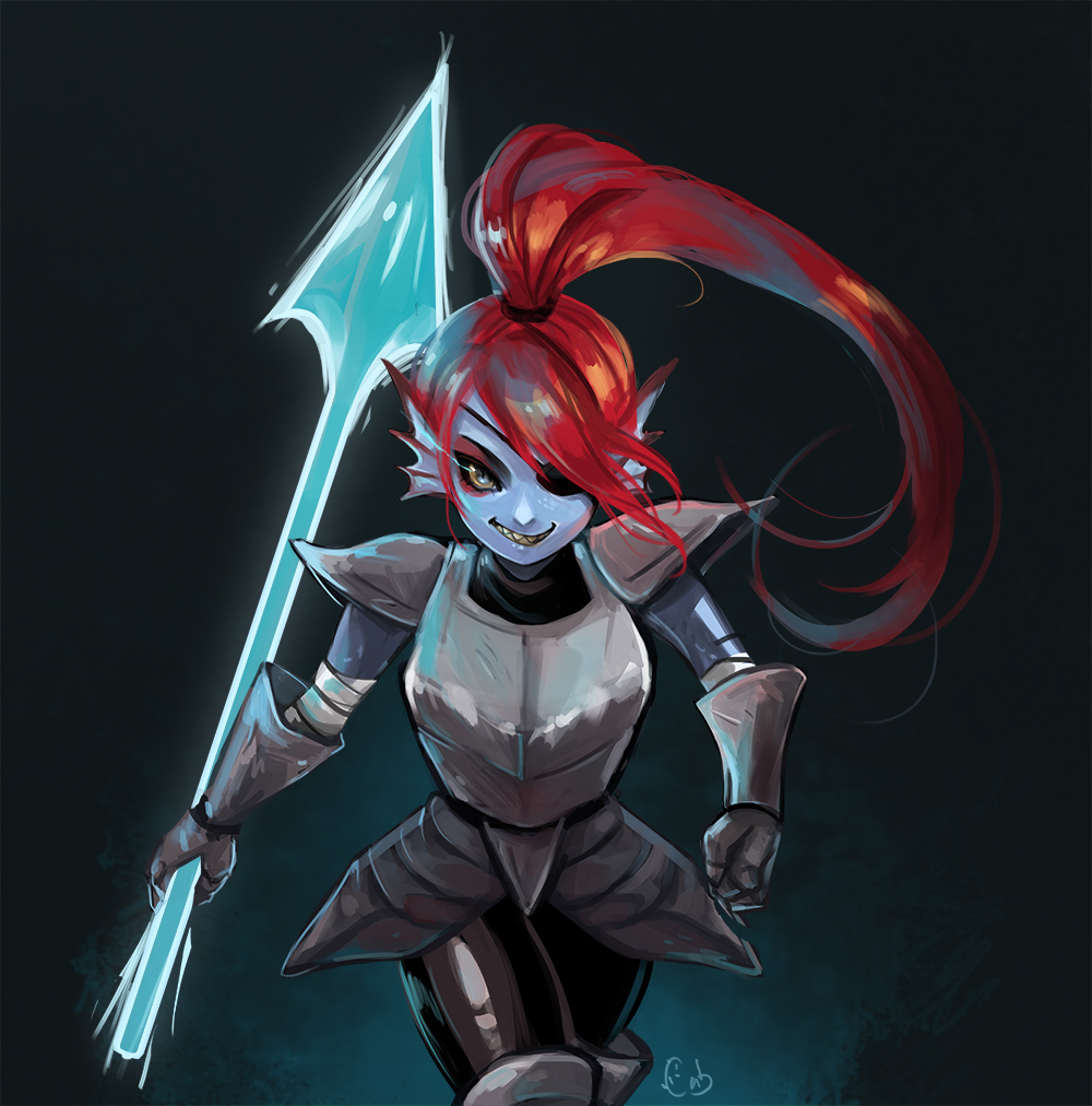 1girl, 2016, 2d, alpaca_carlesi, anthro, armor, black_eyepatch, blue_skin, breastplate, colored_sclera, digital_media, ear_fins, eyepatch, female, female_only, fins, fish, fish_girl, gauntlets, head_fins, high_ponytail, holding, holding_polearm, holding_spear, holding_weapon, long_hair, monster, monster_girl, polearm, ponytail, red_hair, sharp_teeth, slit_pupils, solo, spear, undertale, undyne, weapon, yellow_sclera, yellow_teeth