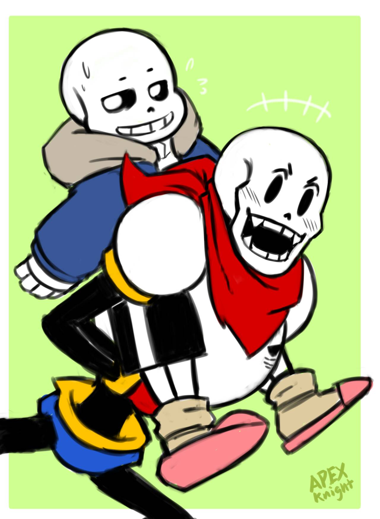 +++, 2017, 2boys, 2d, apex-knight, artist_name, black_shorts, blue_jacket, blue_shorts, boots, border, brothers, carrying, carrying_person, digital_media, duo, fangs, flying_sweatdrops, gloves, height_difference, highres, hood, hood_down, humanoid, jacket, male, male_focus, male_only, monster, monster_boy, multiple_boys, open_mouth, papyrus_(undertale), piggyback, pink_slippers, red_gloves, red_scarf, sans_(undertale), scarf, shorts, siblings, skeleton, slippers, socks, striped_clothes, striped_shorts, teeth, undead, undertale, utdr_(toby_fox), white_border, yellow_socks