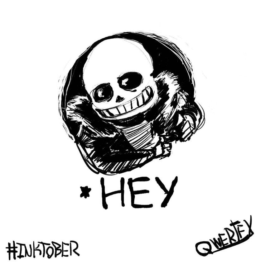 1boy, 2015, 2d, artist_name, digital_media, fur-trimmed_jacket, fur_trim, humanoid, inktober, jacket, male, male_focus, male_only, monochrome, monster, monster_boy, open_jacket, qwertfx, sans_(undertale), shirt, simple_background, skeleton, solo, teeth, undead, undertale, utdr_(toby_fox), white_background