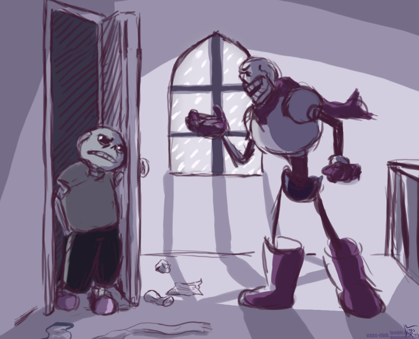 2018, 2boys, 2d, annoyed, armor, black_shorts, blue_shorts, boots, brothers, cape, digital_media, door, duo, floor, full_body, gloves, grey_shirt, height_difference, highres, hood_down, humanoid, indoors, looking_at_another, male, male_focus, male_only, monster, monster_boy, multiple_boys, muted_color, open_door, papyrus_(undertale), red_boots, red_cape, red_gloves, red_scarf, sans_(undertale), scarf, shirt, shorts, siblings, skeleton, snowing, snowstorm, striped_shorts, teeth, undead, undertale, utdr_(toby_fox), vass-rieh, white_armor, white_stripes, window