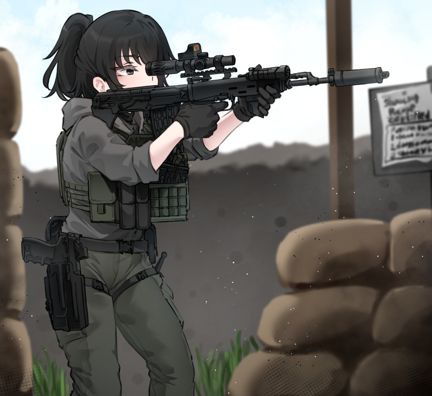1girl, absurdres, aiming, ammunition_pouch, black_hair, brown_hair, brown_hat, brown_pants