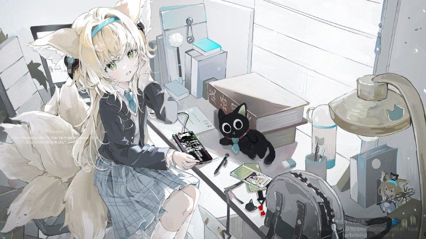 1girl, absurdres, animal_ear_fluff, animal_ears, arknights, black_jacket, blue_hairband, blue_necktie, blue_skirt, blush, dokomdokom, fox_ears, fox_girl, fox_tail, grey_sweater, hair_between_eyes, hairband, handheld_game_console, highres, holding, holding_handheld_game_console, jacket, long_hair, multiple_tails, necktie, on_chair, open_mouth, plaid_clothes, plaid_skirt, sidelocks, sitting, skirt, socks, stuffed_animal, stuffed_toy, suzuran_(arknights), sweater, tail, white_socks