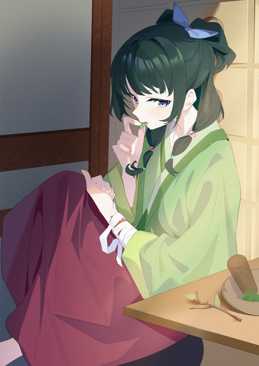 1girl, absurdres, bandaged_arm, bandages, blue_eyes, chinese_clothes, eating, freckles, green_hair, hanfu, highres, holding, kusuriya_no_hitorigoto, leaf_in_mouth, long_hair, long_sleeves, looking_at_viewer, maomao_(kusuriya_no_hitorigoto), mouth_hold, sitting, solo, wako_(1194433260), wide_sleeves
