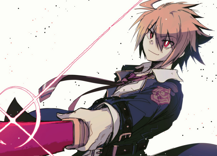 1boy, antenna_hair, highres, kido_hyde, necktie, school_uniform, smile, sora_(zombiebathwater), spiky_hair, sword, under_night_in-birth, weapon