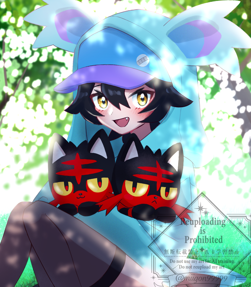 1girl, :d, black_hair, blue_hat, blurry, blurry_background, commentary, day