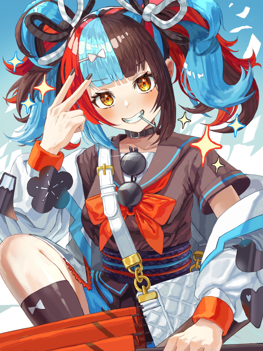 1girl, bag, black_hair, black_sailor_collar, black_shirt, blue_hair, candy, choker