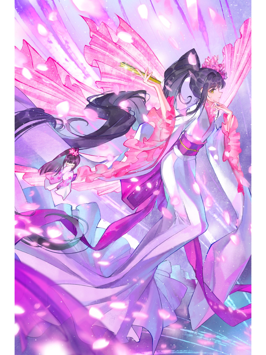 1boy, 1girl, absurdly_long_hair, aerial_fireworks, back_bow, black_hair, border, bow