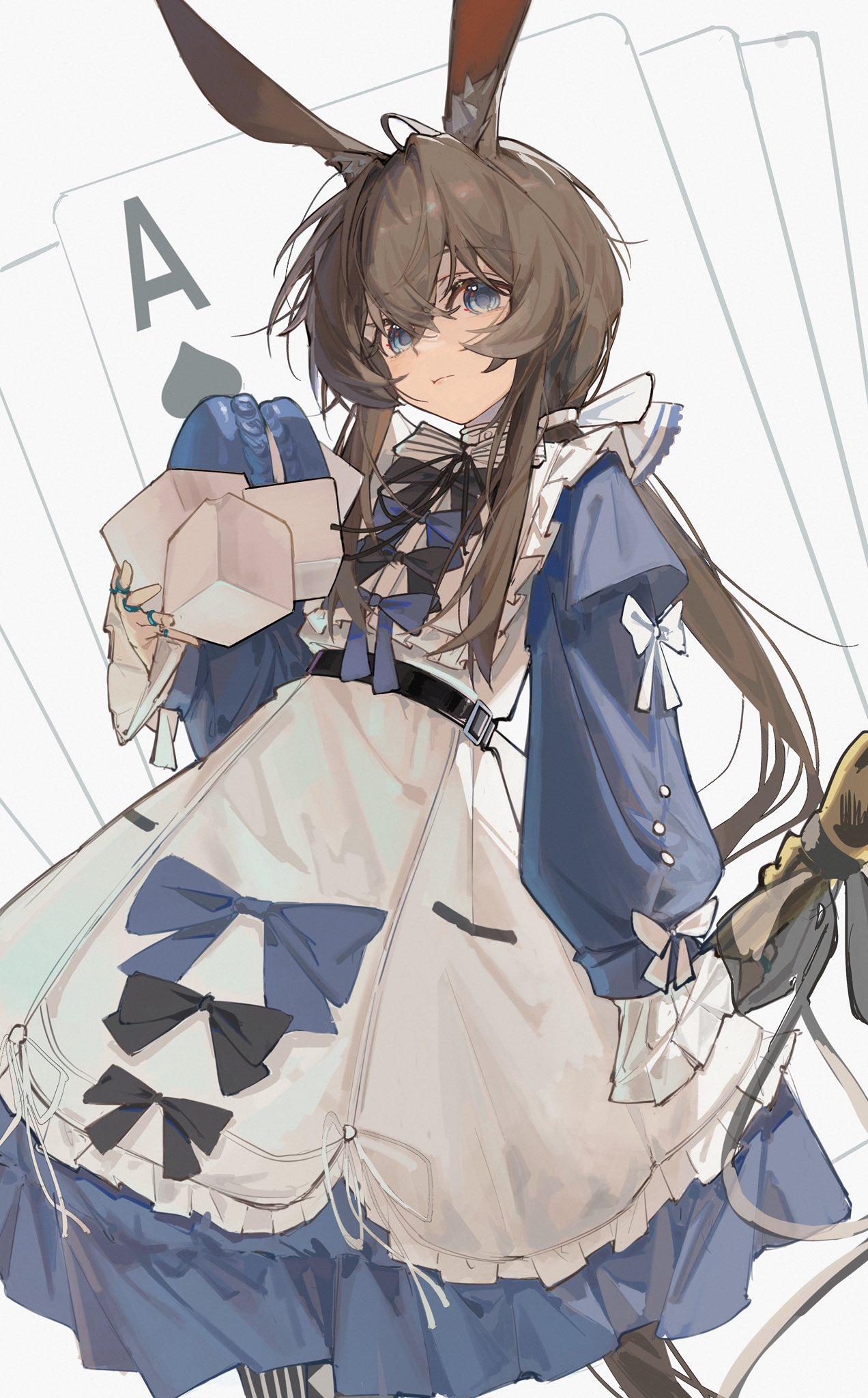 1girl, ace_(playing_card), alternate_costume, amiya_(arknights), animal_ears, apron, arknights, belt