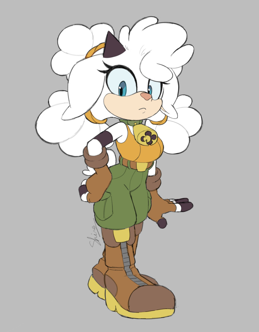 1girl, bell, boots, cargo_pants, cowbell, fingerless_gloves, fluffy, full_body