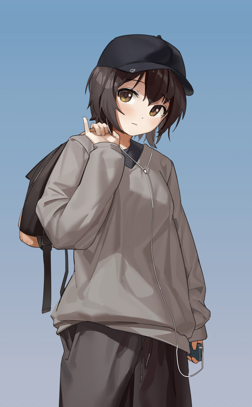 absurdres, androgynous, backpack, bag, baseball_cap, black_bag, black_hat, black_shirt