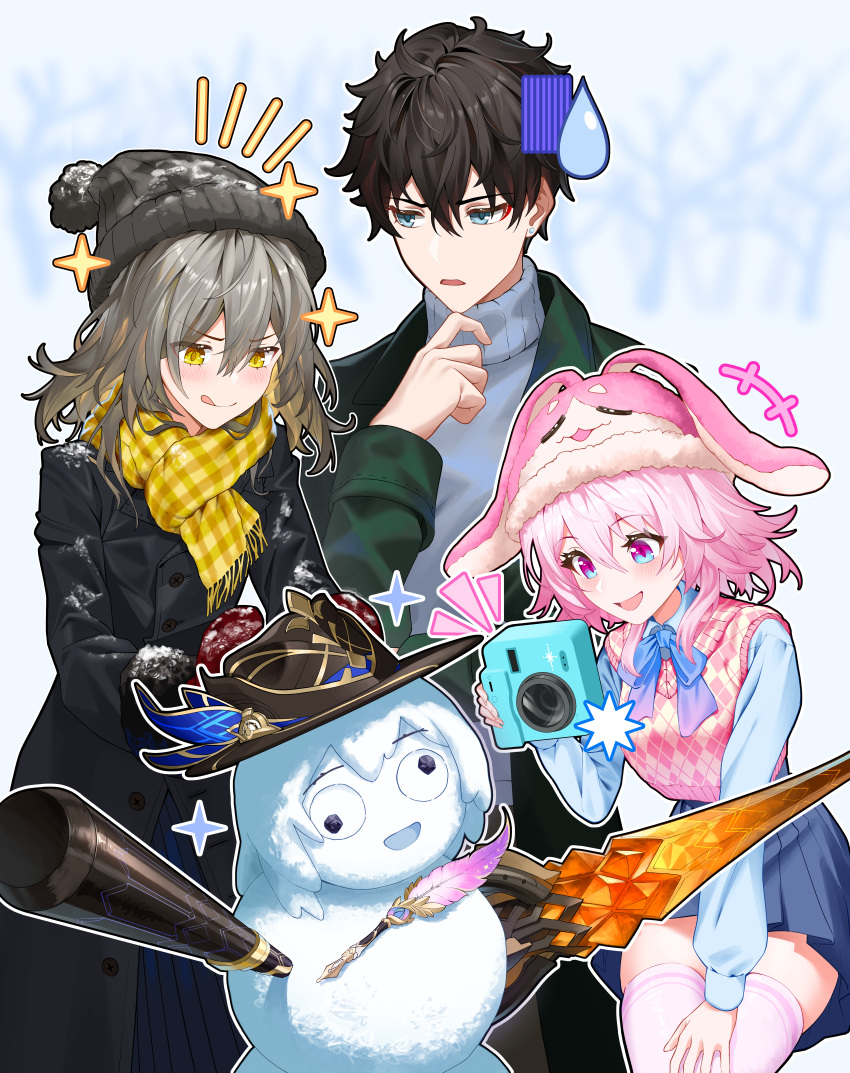 +++, 1boy, 2girls, :q, absurdres, alternate_costume, beanie, black_coat, black_hair, blue_eyes, blue_skirt, blush, camera, coat, dan_heng_(honkai:_star_rail), gloves, green_eyes, grey_hair, hair_between_eyes, hat, highres, holding, holding_camera, honkai:_star_rail, honkai_(series), long_sleeves, march_7th_(honkai:_star_rail), medium_hair, multiple_girls, nepenera, open_mouth, pink_eyes, pink_hair, pleated_skirt, scarf, school_uniform, shirt, short_hair, skirt, smile, snowman, sparkle, stelle_(honkai:_star_rail), sweatdrop, sweater, sweater_vest, thigh-highs, tongue, tongue_out, trailblazer_(honkai:_star_rail), vest, weapon, winter_clothes, yellow_eyes, yellow_scarf