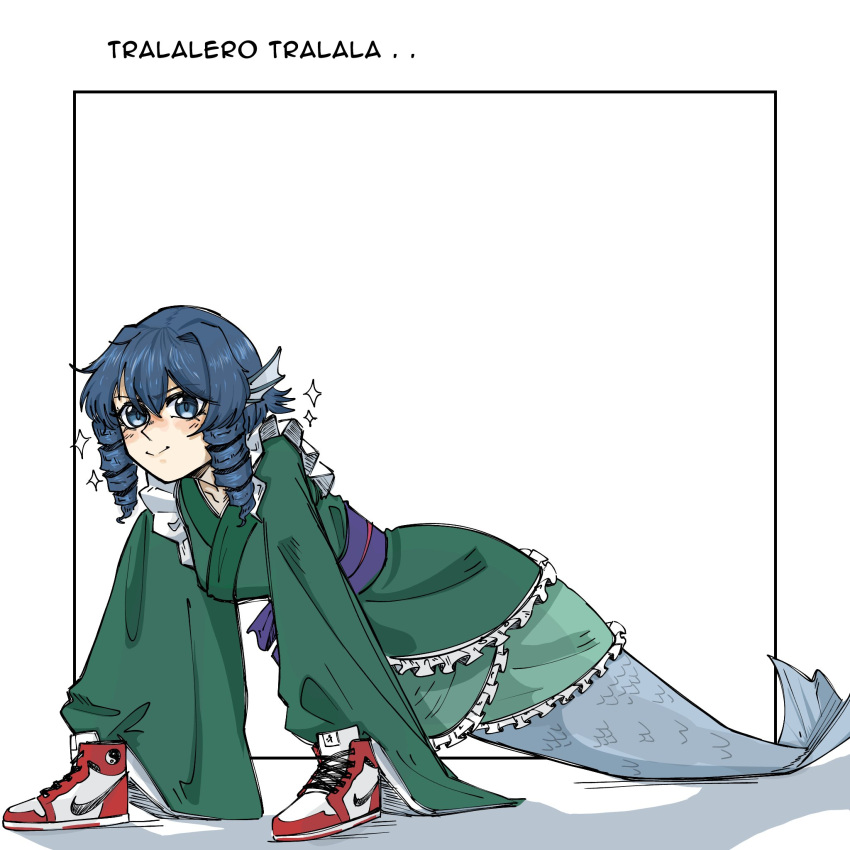 1girl, aiyaka_kurenai, blue_eyes, blue_hair, blush, closed_mouth, drill_hair, fins, frills, full_body, green_kimono, hair_between_eyes, hands_in_shoes, head_fins, highres, italian_brainrot_ai_animals_(meme), japanese_clothes, kimono, long_sleeves, meme, mermaid, monster_girl, puffy_sleeves, shoes, smile, sneakers, touhou, twin_drills, wakasagihime, white_background