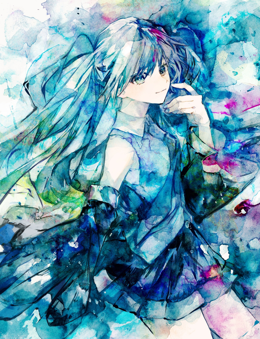 1girl, absurdres, aqua_eyes, aqua_hair, aqua_nails, black_skirt, blush, collared_shirt