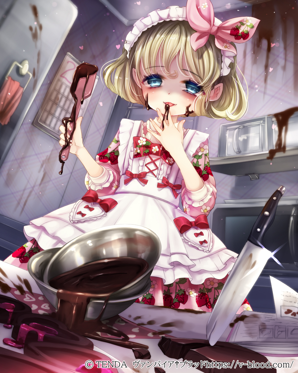 1girl, apron, blonde_hair, blue_eyes, book, bow, bowtie, calendar_(object)