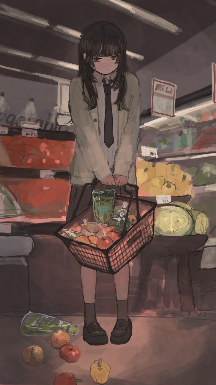 1girl, 62_retas, absurdres, apple, basket, black_eyes, black_hair, black_necktie, black_skirt, bottle, brown_eyes, brown_shoes, cabbage, cardigan, closed_mouth, collared_shirt, dropped_food, food, fruit, full_body, grey_socks, groceries, highres, holding, holding_basket, indoors, jacket, lettuce, loafers, long_hair, long_sleeves, looking_down, necktie, onion, open_clothes, orange_(fruit), original, pineapple, pleated_skirt, school_uniform, shelf, shirt, shoes, shop, shopping, shopping_cart, skirt, socks, solo, standing, tomato, vegetable, white_shirt