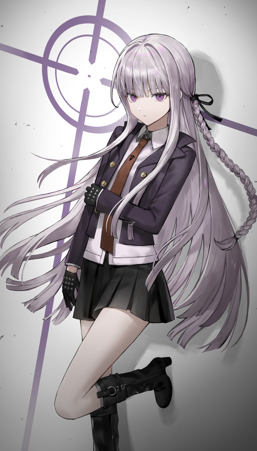 1girl, absurdres, against_wall, black_gloves, black_skirt, braid, cowboy_shot, danganronpa:_trigger_happy_havoc