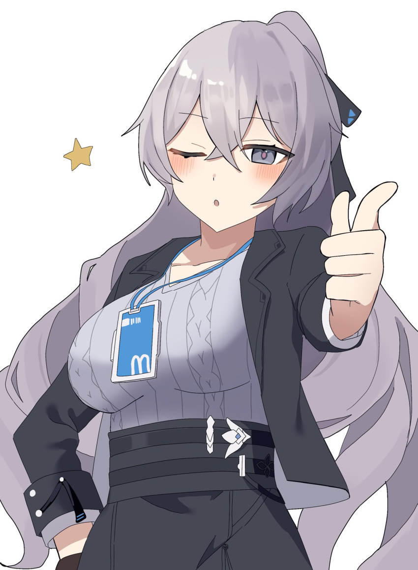 1girl, belt, black_jacket, black_skirt, blinking, blush, breasts, bronya_zaychik