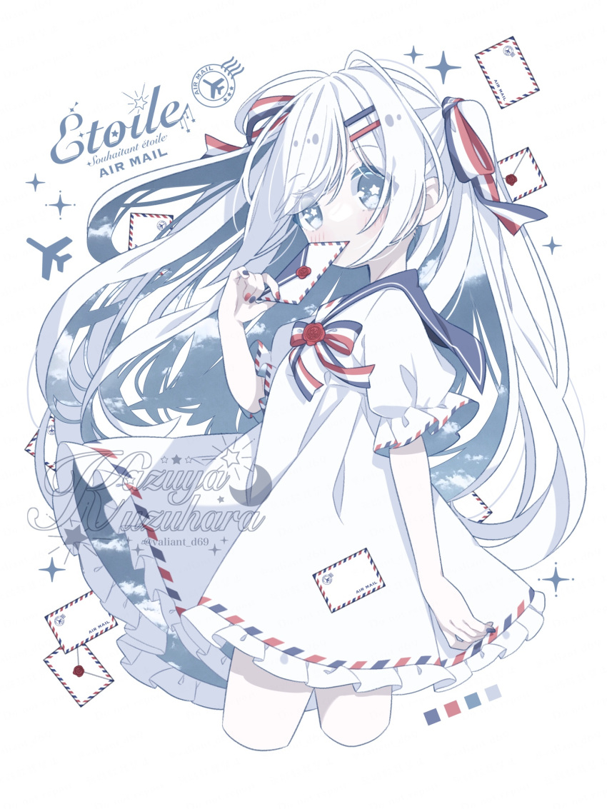 1girl, aircraft, airplane, blush, bow, closed_mouth, cropped_legs, dress