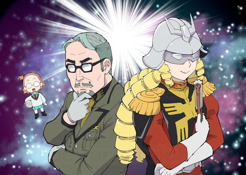 1boy, 2girls, akuyaku_reijou_tensei_ojisan, amate_yuzuriha, amate_yuzuriha_(cosplay), black-framed_eyewear, blonde_hair, challia_bull