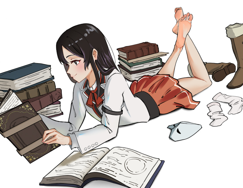 1girl, absurdres, barefoot, black_eyes, black_hair, book, book_stack, boots
