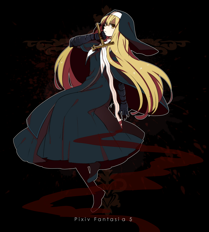 celes_(pixiv_fantasia), flamberge, gargadia_empire, gauntlets, hat, long_hair, nun, pixiv_fantasia, pixiv_fantasia_5, solo, sword, tama_(songe), weapon, yellow_eyes