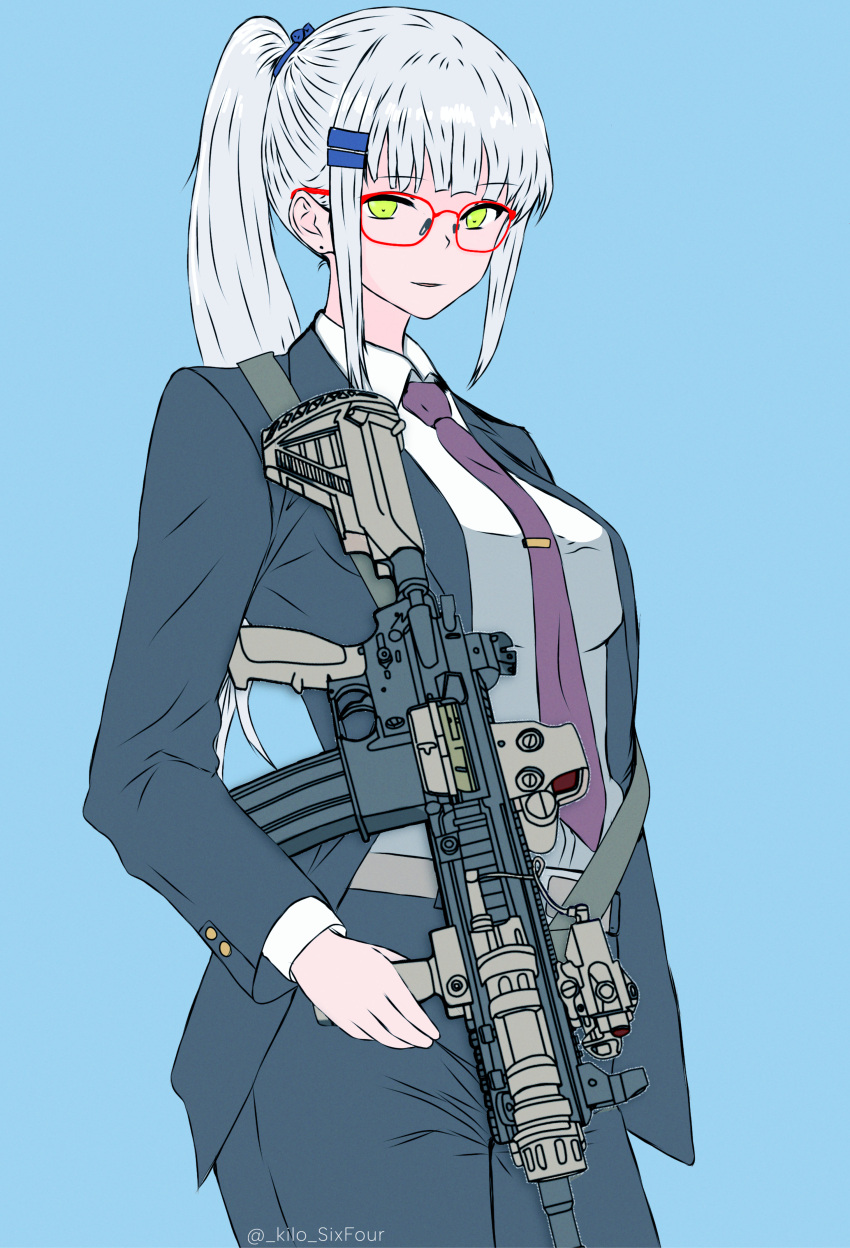 1girl, absurdres, alternate_costume, alternate_hair_color, assault_rifle, blue_background, blue_jacket, blue_pants