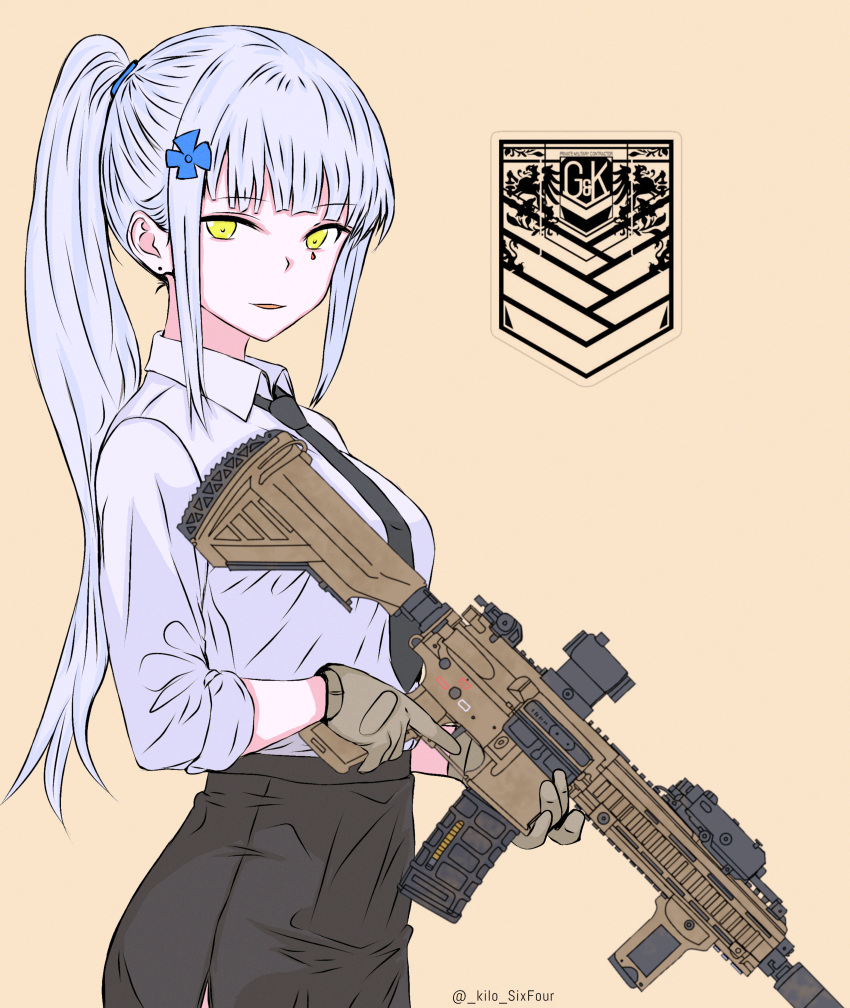 1girl, absurdres, alternate_costume, alternate_hair_color, assault_rifle, black_necktie, black_skirt, blue_ribbon