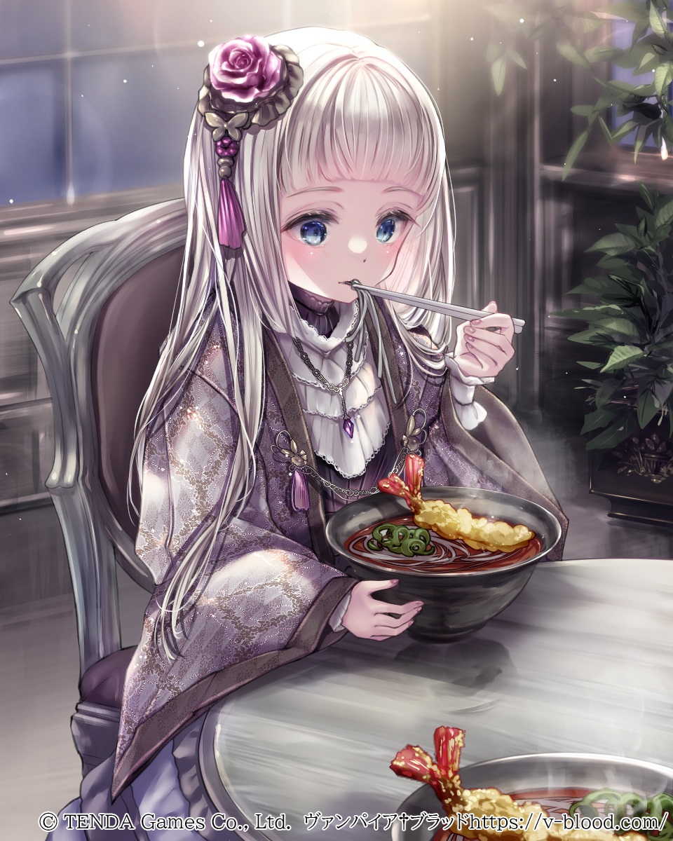1girl, black_choker, black_dress, blue_eyes, bowl, chair, choker, chopsticks