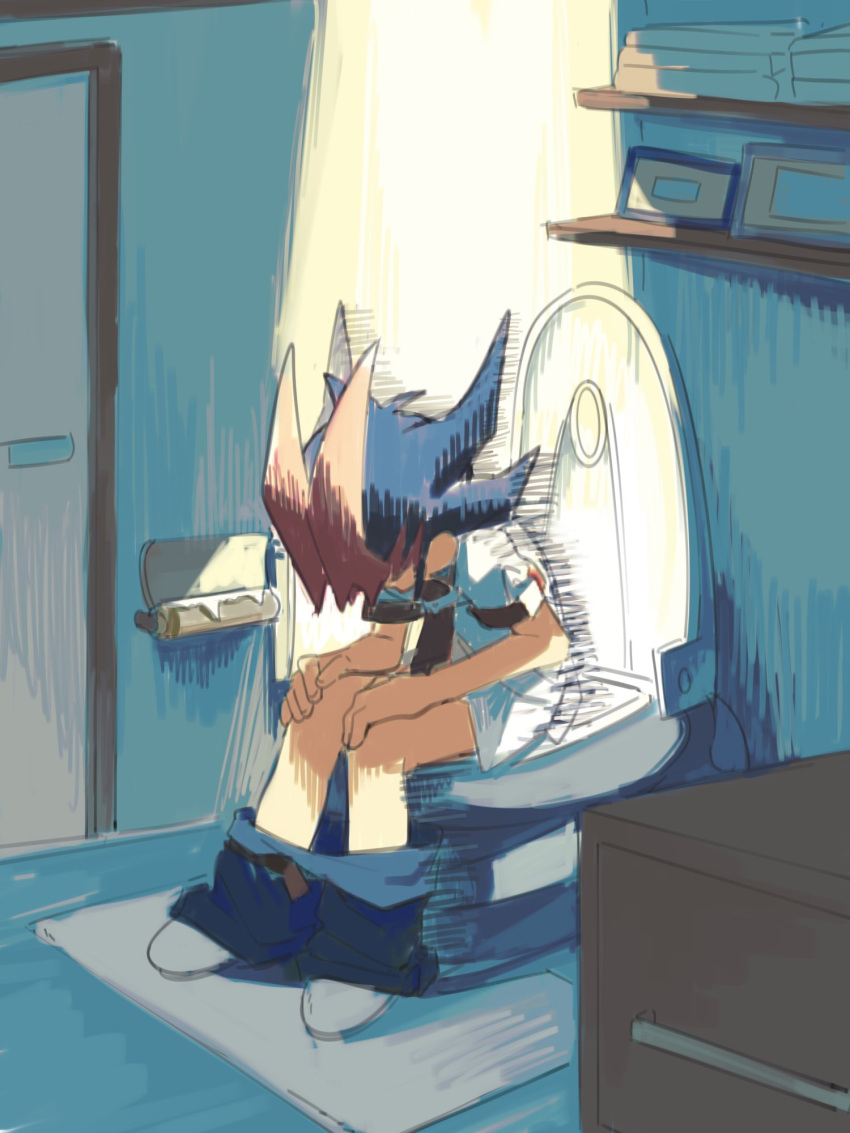 1boy, bare_legs, bathroom, belt, black_hair, black_pants, bottomless, clothes_pull, colored_bangs, crack_of_light, dappled_sunlight, depressed, dress_shirt, drop_shadow, embarrassed, faceless, faceless_male, facing_to_the_side, hands_on_own_knees, highres, hunched_over, indoors, kailanzi, leaning_forward, light_rays, looking_at_self, looking_down, male_focus, necktie, no_toilet_paper, on_toilet, open_belt, pants, pants_around_ankles, pants_pull, partially_undressed, picture_frame, red_necktie, rug, shelf, shirt, sitting, socks, spiky_hair, sunlight, toilet, toilet_paper, toilet_paper_tube, towel, tsukumo_yuma, untucked_shirt, white_shirt, white_socks, yu-gi-oh!, yu-gi-oh!_zexal