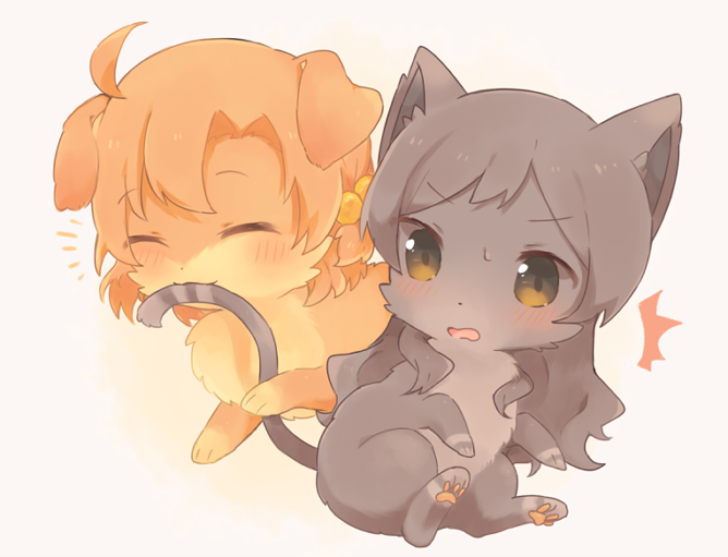 ahoge, animal_ears, animal_focus, animalization, biting_another's_tail, blush, brown_eyes, brown_fur
