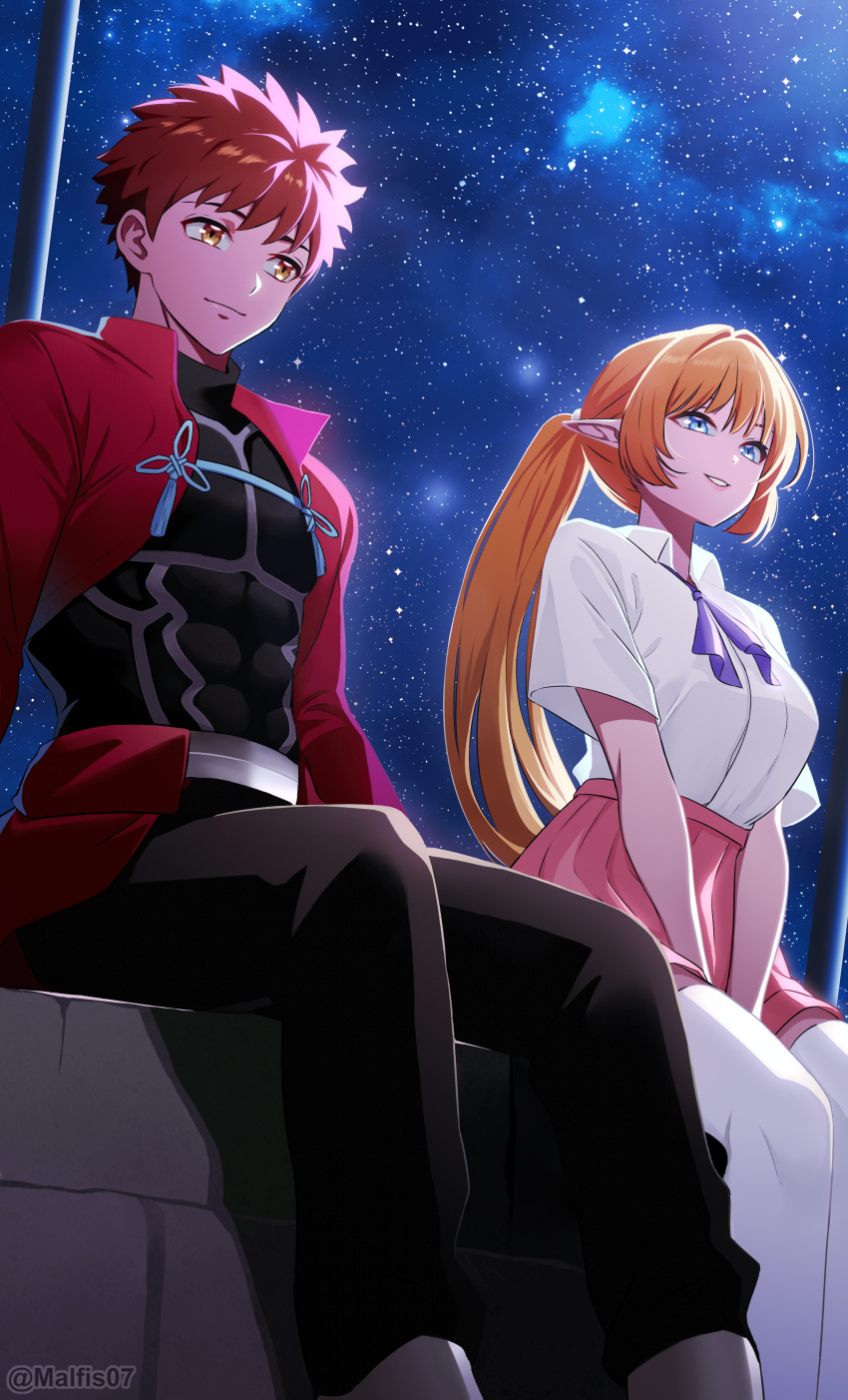 1boy, 1girl, absurdres, archer_(fate), ascot, blonde_hair, blue_eyes, blunt_bangs