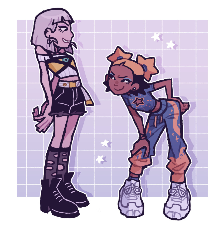 2girls, aika_(kiana_mai), black_eyes, black_hair, blonde_hair, boots, crossover, dark-skinned_female
