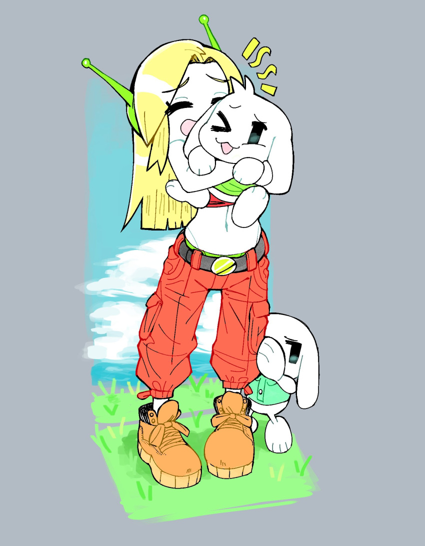 1girl, 1her0, 2others, android, blonde_hair, boots, brown_boots, character_request