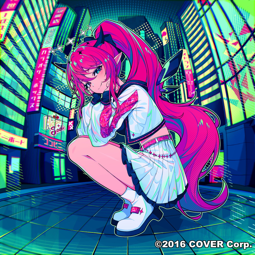 1girl, absurdres, album_cover, belt, black_shirt, blue_eyes, boots, building
